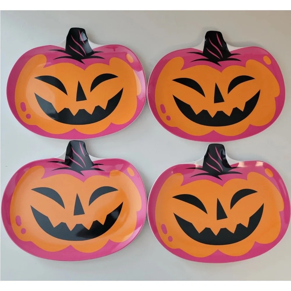 Hyde & Eek Melamine Pumpkin 10” Plates Pink Orange Halloween Lot Of 4 Salad 2024